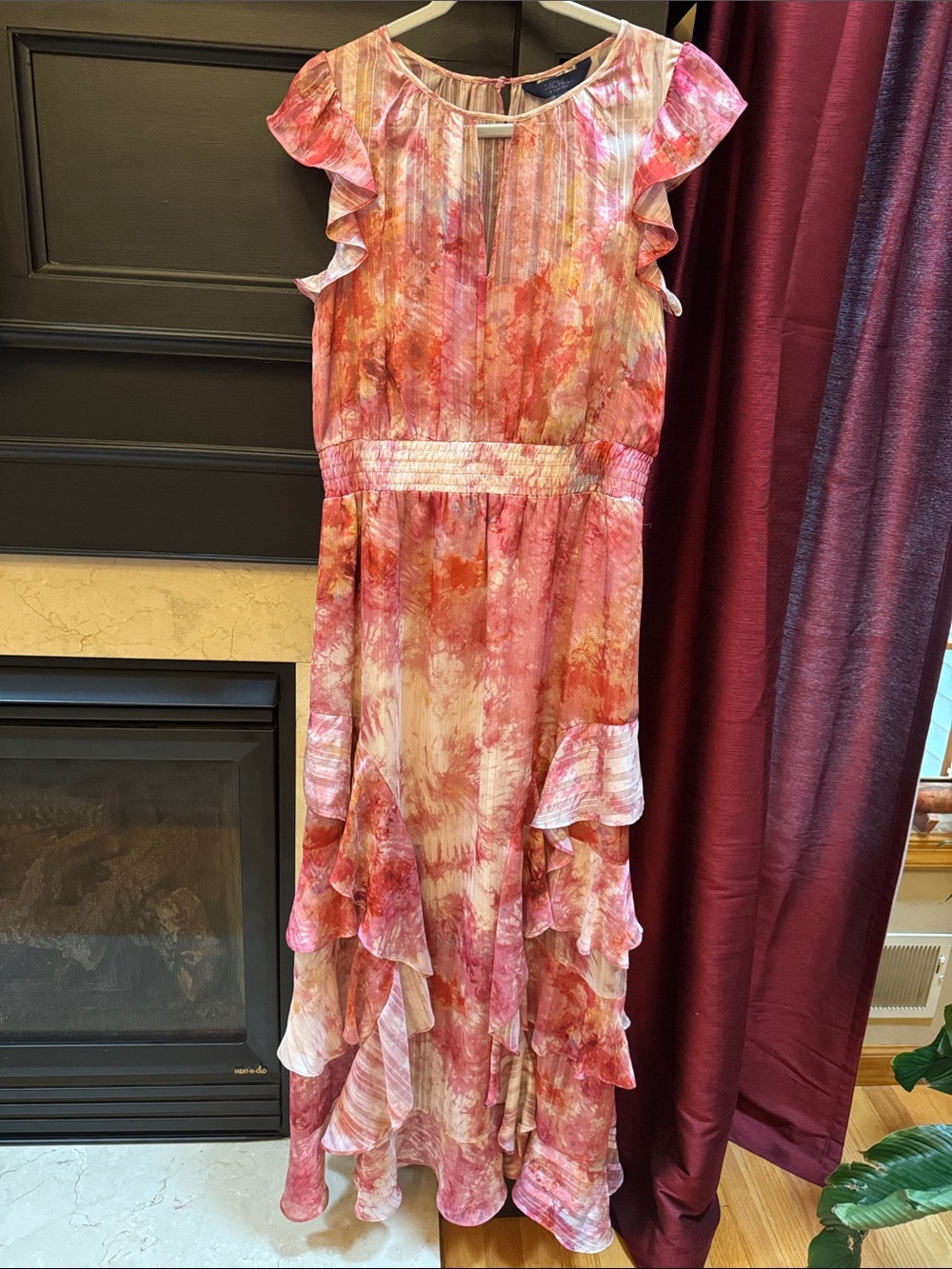 RACHEL ROY Pink Coral Watercolor Ruffle maxi Dress  sz 12